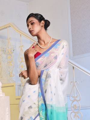 White Cotton Blend Handwoven Saree With Woven Floral Designs 2