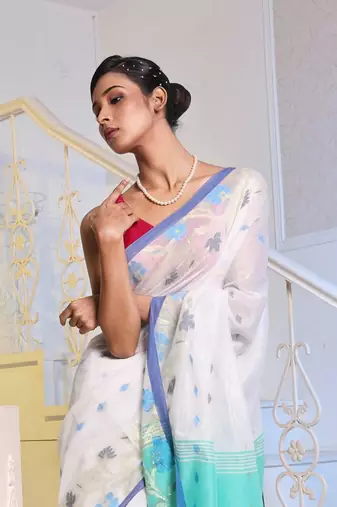 White Cotton Blend Handwoven Saree With Woven Floral Designs