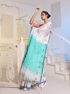 White Cotton Blend Handwoven Saree With Woven Floral Designs 3