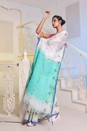 White Cotton Blend Handwoven Saree With Woven Floral Designs