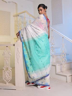 White Cotton Blend Handwoven Saree With Woven Floral Designs 4