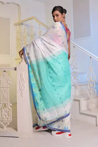 White Cotton Blend Handwoven Saree With Woven Floral Designs