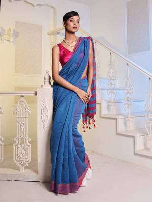 Sapphire Blue Cotton Blend Handwoven Saree With Magenta Stripes Pallu 1
