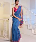 Sapphire Blue Cotton Blend Handwoven Saree With Magenta Stripes Pallu
