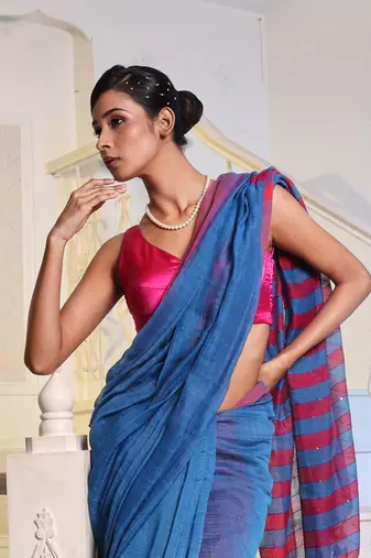 Sapphire Blue Cotton Blend Handwoven Saree With Magenta Stripes Pallu