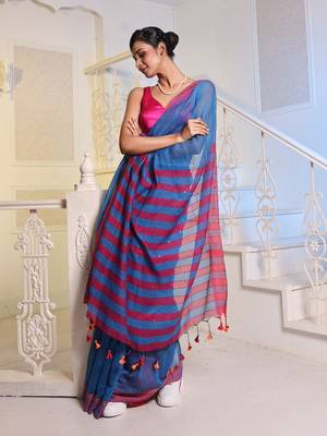 Sapphire Blue Cotton Blend Handwoven Saree With Magenta Stripes Pallu 3
