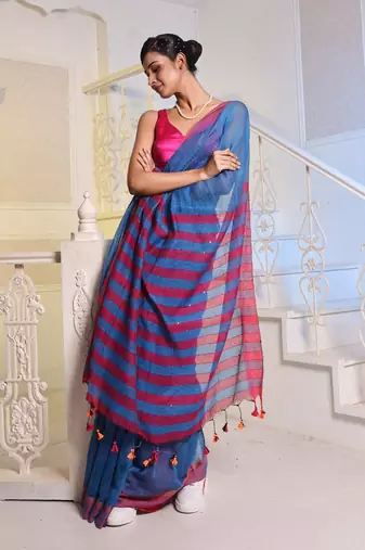 Sapphire Blue Cotton Blend Handwoven Saree With Magenta Stripes Pallu
