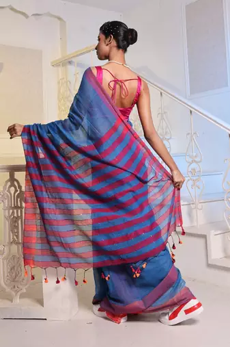 Sapphire Blue Cotton Blend Handwoven Saree With Magenta Stripes Pallu