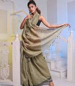 Beige Cotton Blend Handwoven Saree With Gheecha Pallu