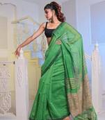 Green Cotton Blend Handwoven Saree With Gheecha Pallu