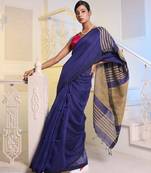 Midnight Blue Cotton Blend Handwoven Saree With Gheecha Pallu