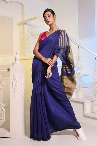 Midnight Blue Cotton Blend Handwoven Saree With Gheecha Pallu