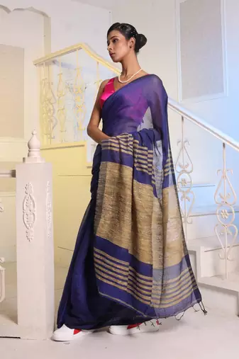 Midnight Blue Cotton Blend Handwoven Saree With Gheecha Pallu