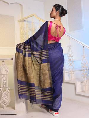 Midnight Blue Cotton Blend Handwoven Saree With Gheecha Pallu 4