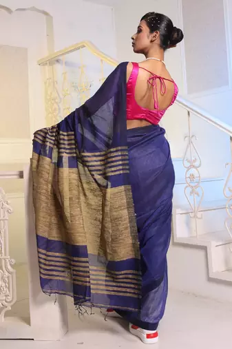 Midnight Blue Cotton Blend Handwoven Saree With Gheecha Pallu