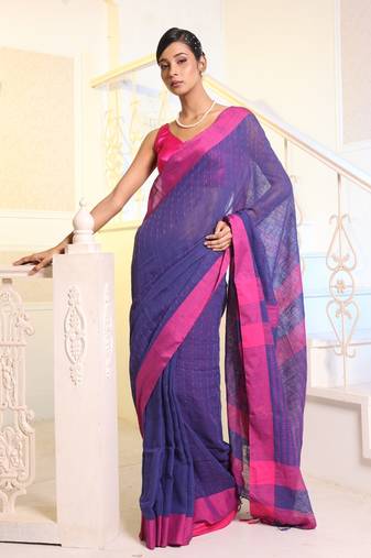 Blue Cotton Handspun Woven Design Soft Saree