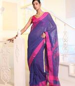 Blue Cotton Handspun Woven Design Soft Saree