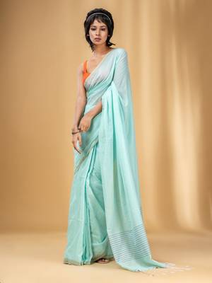 Sea Green Cotton Handwoven Saree With Stripes Pallu 1