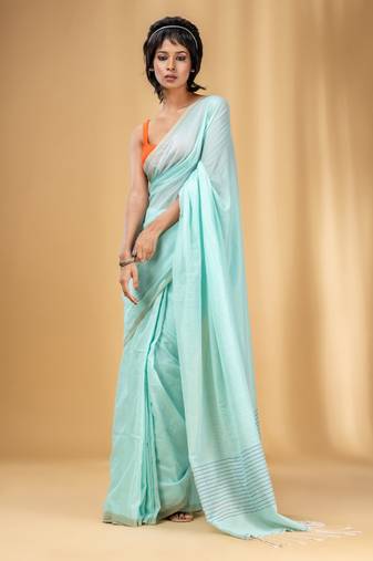 Sea Green Cotton Handwoven Saree With Stripes Pallu