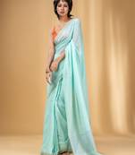 Sea Green Cotton Handwoven Saree With Stripes Pallu