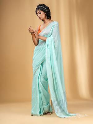 Sea Green Cotton Handwoven Saree With Stripes Pallu 2