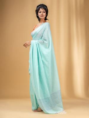 Sea Green Cotton Handwoven Saree With Stripes Pallu 3