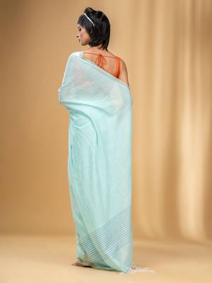 Sea Green Cotton Handwoven Saree With Stripes Pallu 4