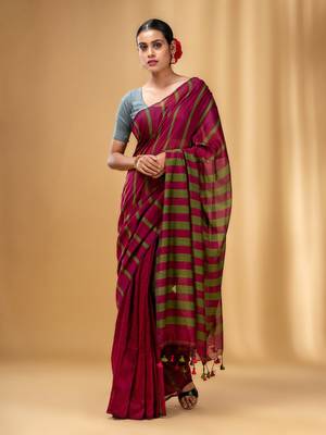 Fuchsia And Green Cotton Handwoven Soft Saree With Stripe Pattern 1