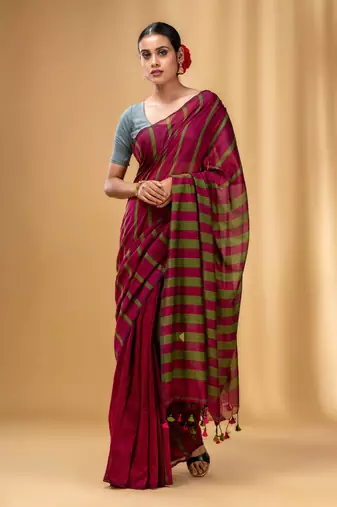 Fuchsia And Green Cotton Handwoven Soft Saree With Stripe Pattern