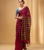 Fuchsia And Green Cotton Handwoven Soft Saree With Stripe Pattern
