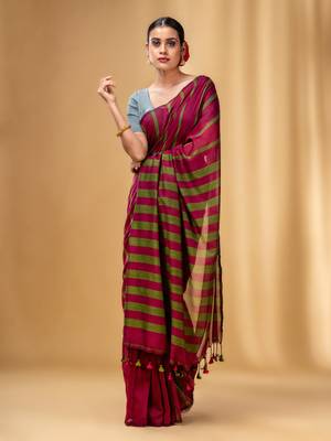 Fuchsia And Green Cotton Handwoven Soft Saree With Stripe Pattern 2