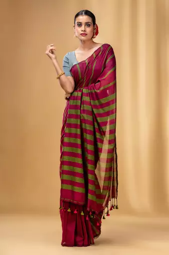 Fuchsia And Green Cotton Handwoven Soft Saree With Stripe Pattern
