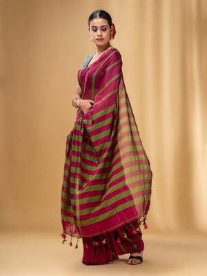 Fuchsia And Green Cotton Handwoven Soft Saree With Stripe Pattern 3