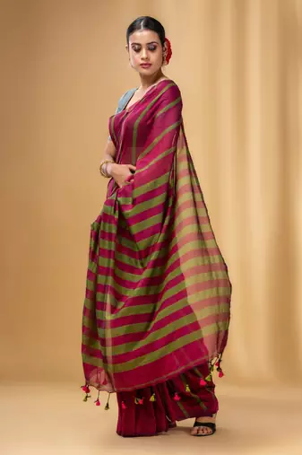 Fuchsia And Green Cotton Handwoven Soft Saree With Stripe Pattern