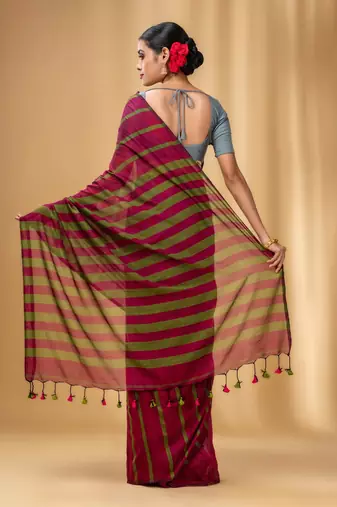 Fuchsia And Green Cotton Handwoven Soft Saree With Stripe Pattern