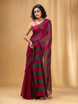 Magenta And Green Cotton Handwoven Soft Saree With Stripe Pattern 1