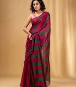 Magenta And Green Cotton Handwoven Soft Saree With Stripe Pattern
