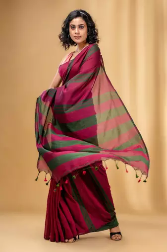 Magenta And Green Cotton Handwoven Soft Saree With Stripe Pattern