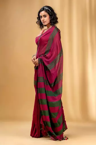 Magenta And Green Cotton Handwoven Soft Saree With Stripe Pattern