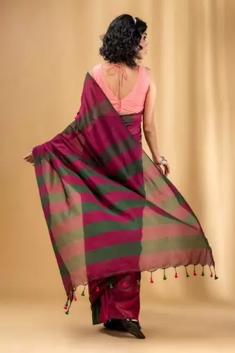 Magenta And Green Cotton Handwoven Soft Saree With Stripe Pattern