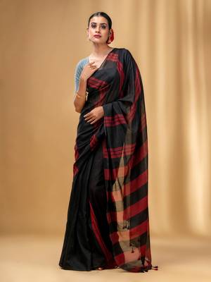 Black And Red Cotton Handwoven Soft Saree With Stripe Pattern 1