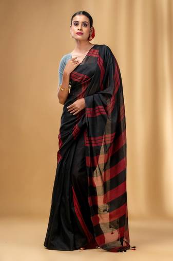 Black And Red Cotton Handwoven Soft Saree With Stripe Pattern