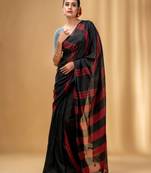 Black And Red Cotton Handwoven Soft Saree With Stripe Pattern