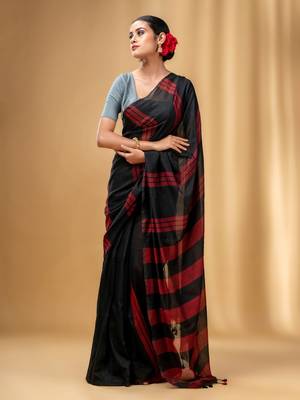 Black And Red Cotton Handwoven Soft Saree With Stripe Pattern 2