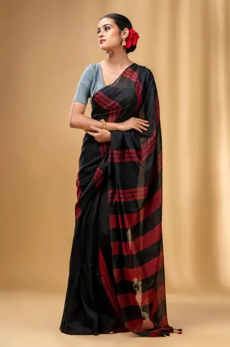 Black And Red Cotton Handwoven Soft Saree With Stripe Pattern