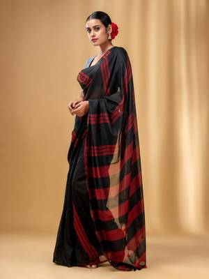 Black And Red Cotton Handwoven Soft Saree With Stripe Pattern 3