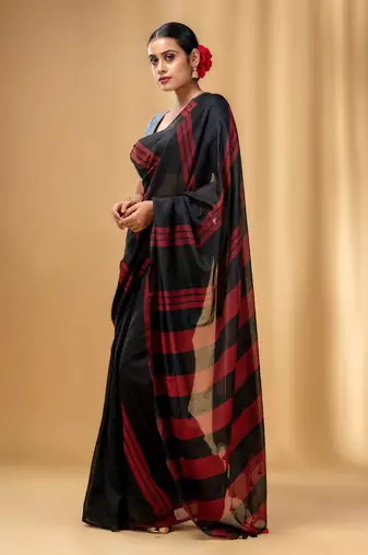 Black And Red Cotton Handwoven Soft Saree With Stripe Pattern