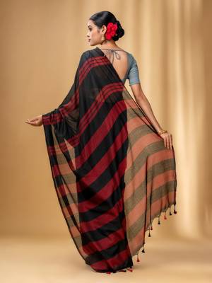 Black And Red Cotton Handwoven Soft Saree With Stripe Pattern 4