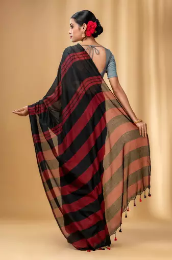 Black And Red Cotton Handwoven Soft Saree With Stripe Pattern