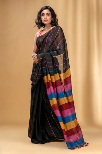 Black Cotton Handwoven Soft Saree With Stripe Pattern